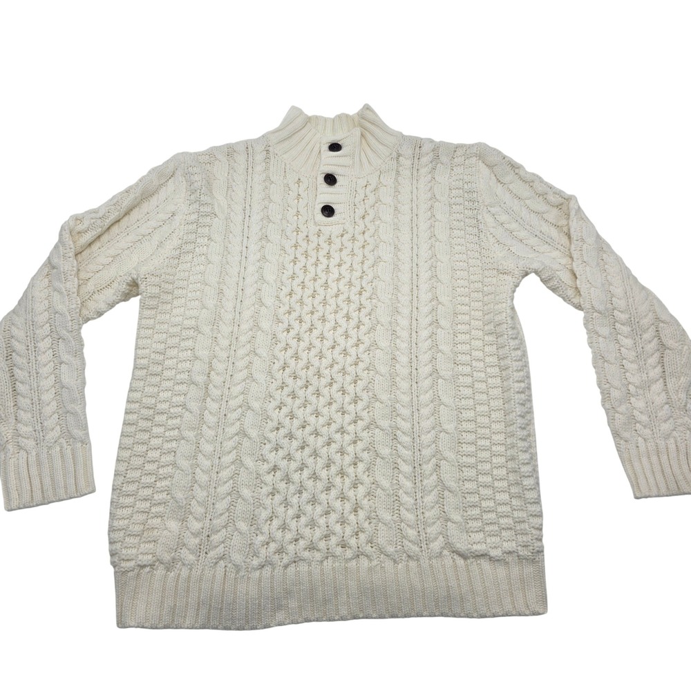 Cream Cable Knit Button Neck Mock Neck Sweater X Large Cotton Acrylic Blend